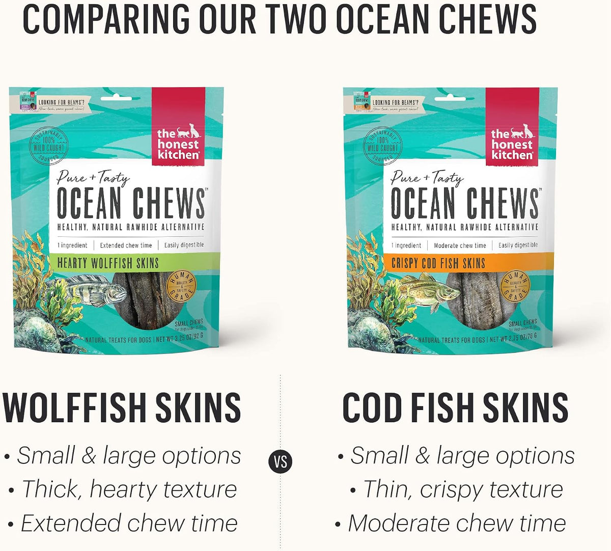 The Honest Kitchen Ocean Chews Wolffish Skins Dog Treats, 6 oz