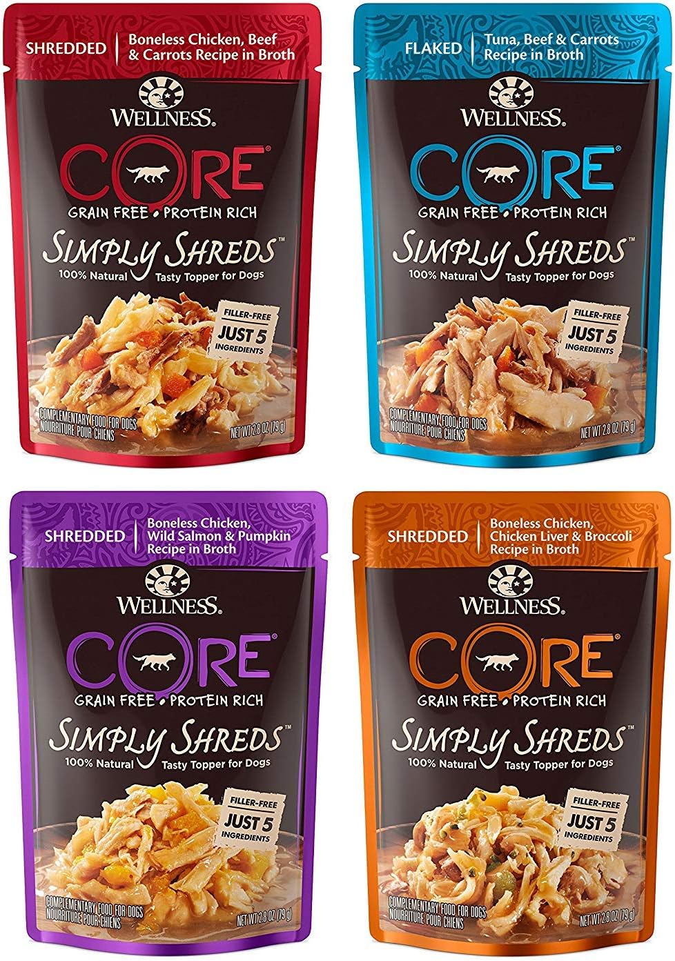Wellness CORE Simply Shreds Wet Dog Food Topper Variety, 12 x 2.8 oz