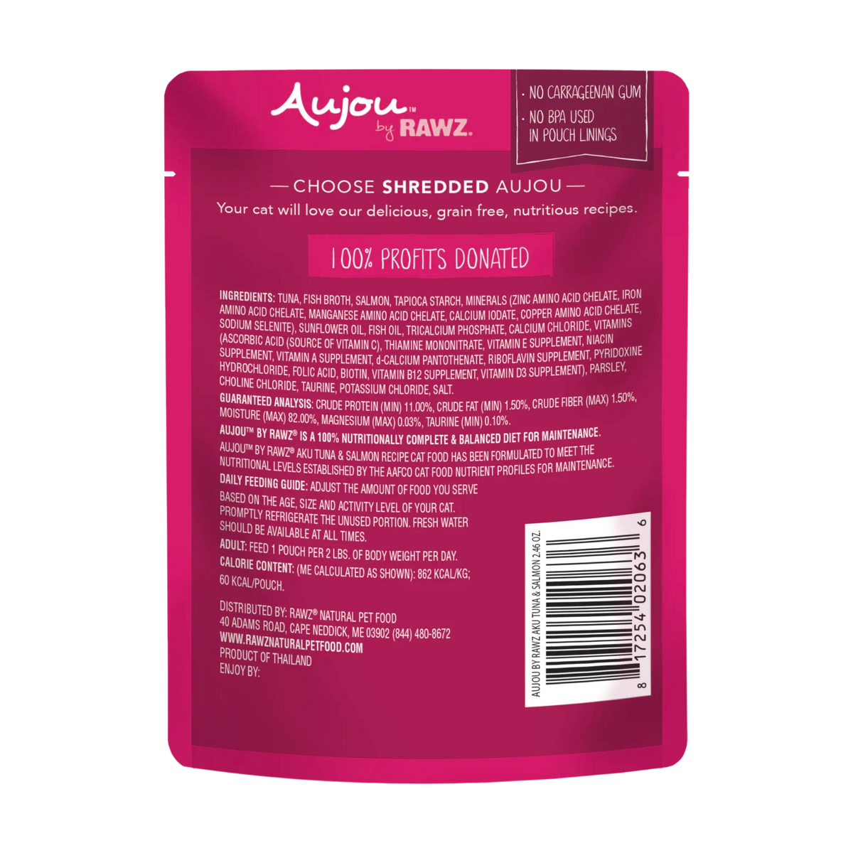 RAWZ Aujou Aku Tuna & Salmon Recipe Cat Food – pouch, back label with ingredients