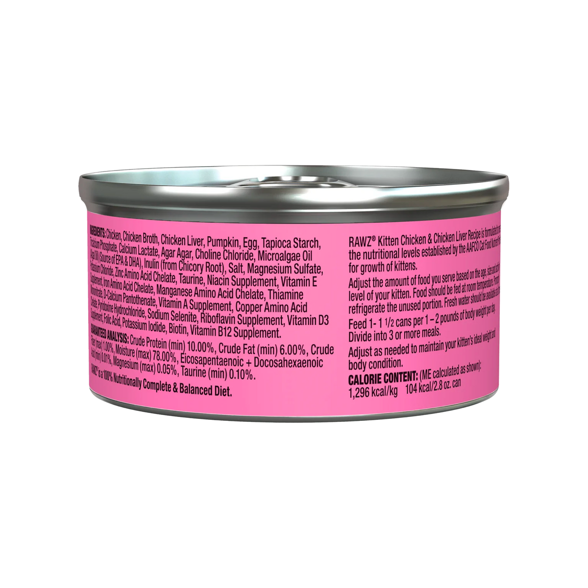 RAWZ Kitten Chicken & Chicken Liver Cat Food – 2.8 oz package, back label with ingredients