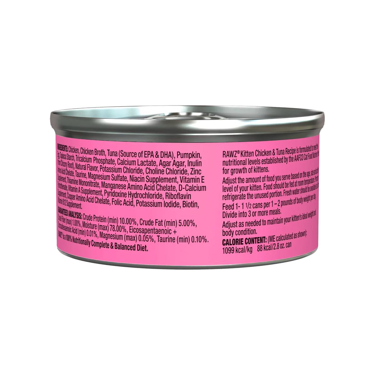 RAWZ Kitten Chicken & Tuna Cat Food – 2.8 oz package, back label with ingredients