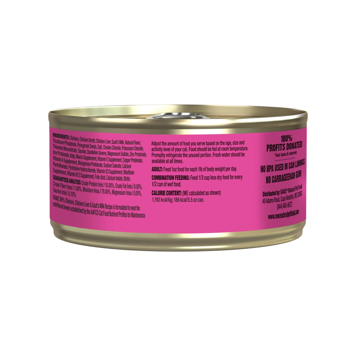 RAWZ 96% Chicken & Chicken Liver With Goat's Milk Canned Cat Food – 5.5 oz package, back label with ingredients