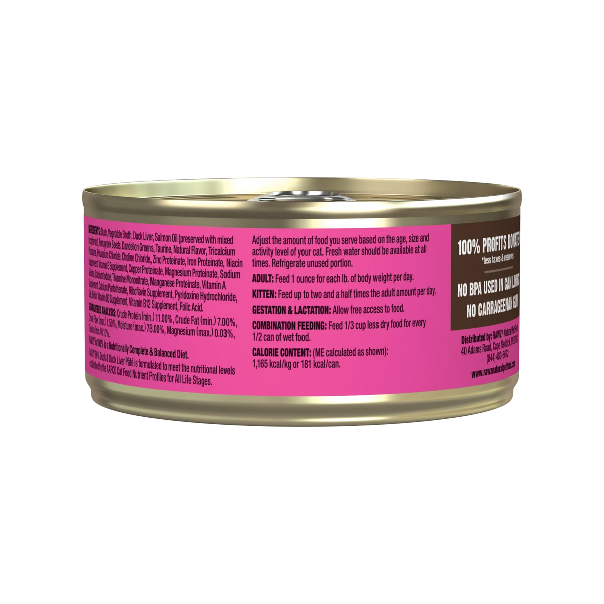 RAWZ 96% Duck & Duck Liver Pate Cat Food – 5.5 oz package, back label with ingredients