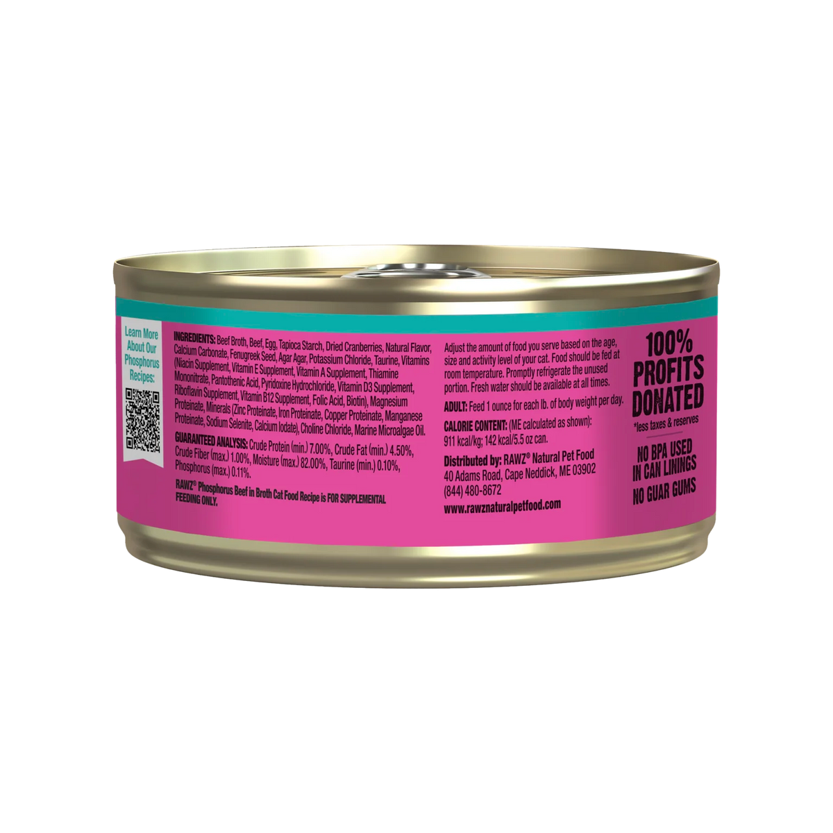 RAWZ Lower Phosphorus Beef Canned Cat Food – 5.5 oz package, back label with ingredients