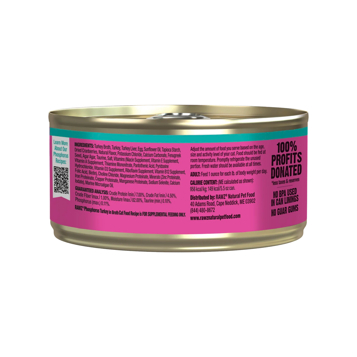 RAWZ Lower Phosphorus Turkey Canned Cat Food – 5.5 oz package, back label with ingredients