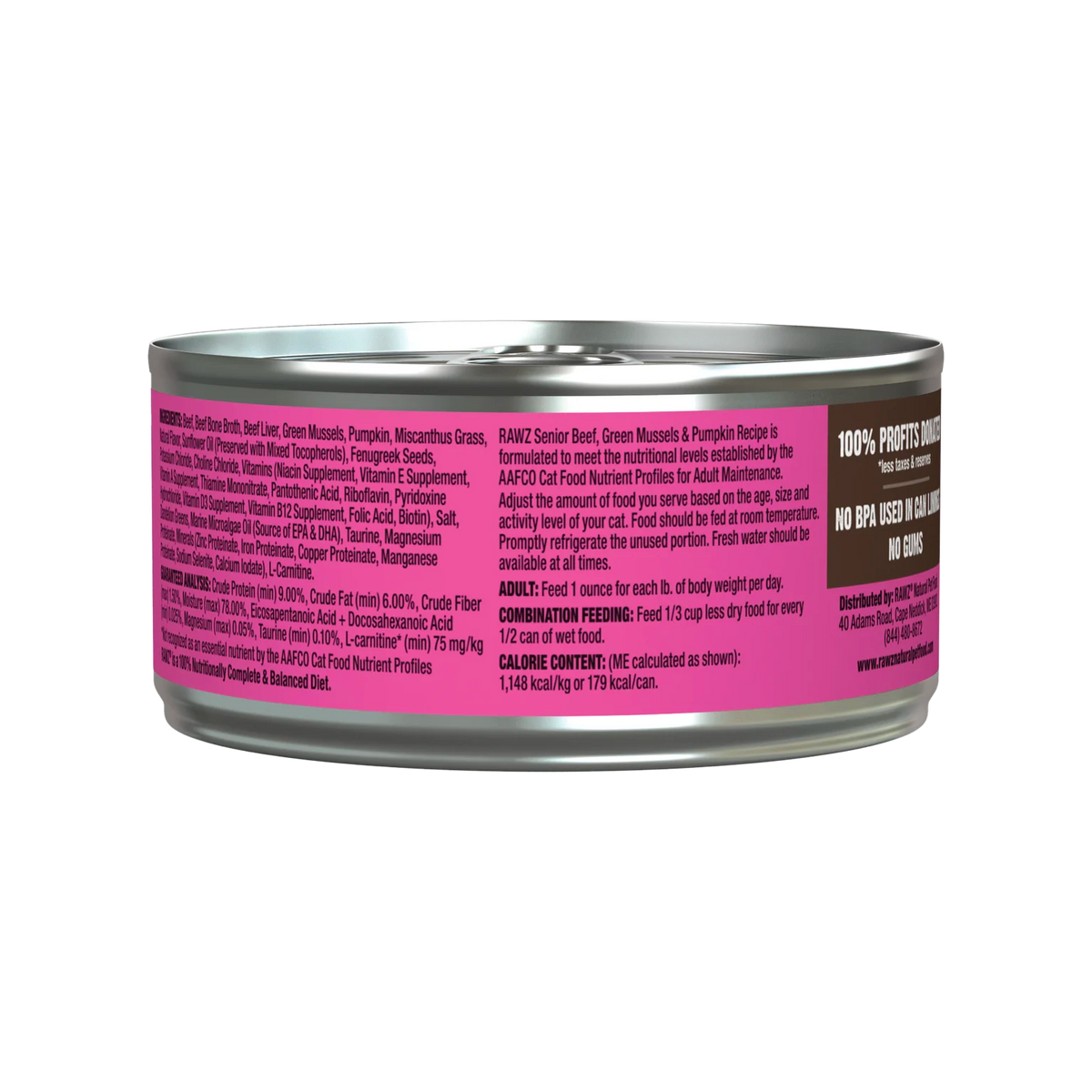 RAWZ Senior Beef, New Zealand Green Mussels & Pumpkin Cat Food – 5.5 oz package, back label with ingredients
