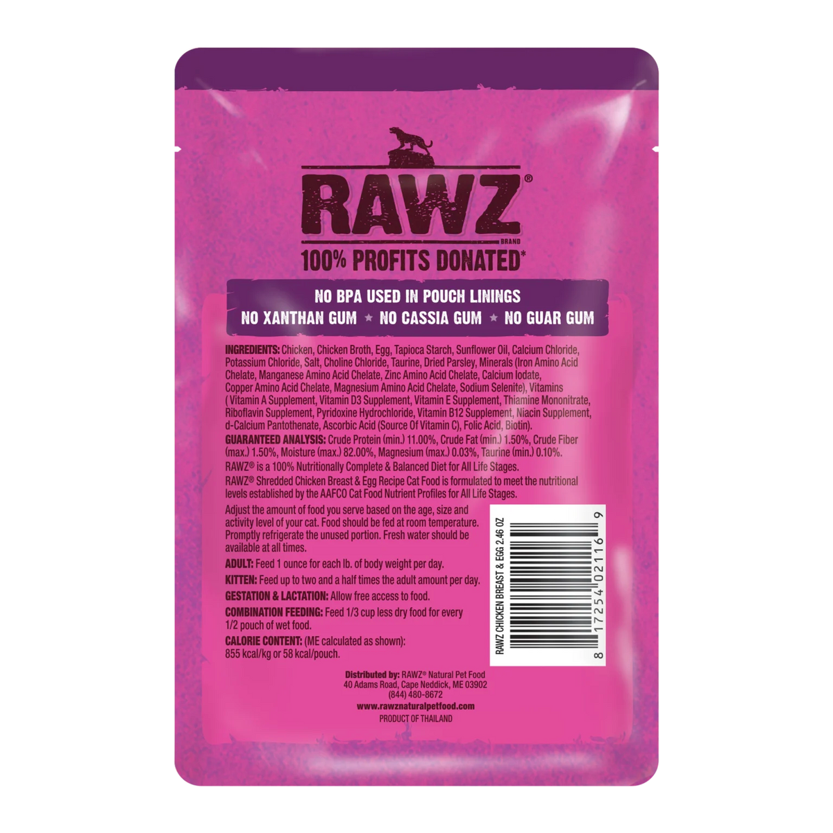 RAWZ Shredded Pouch Chicken Breast & Egg Cat Food Recipe – pouch, back label with ingredients