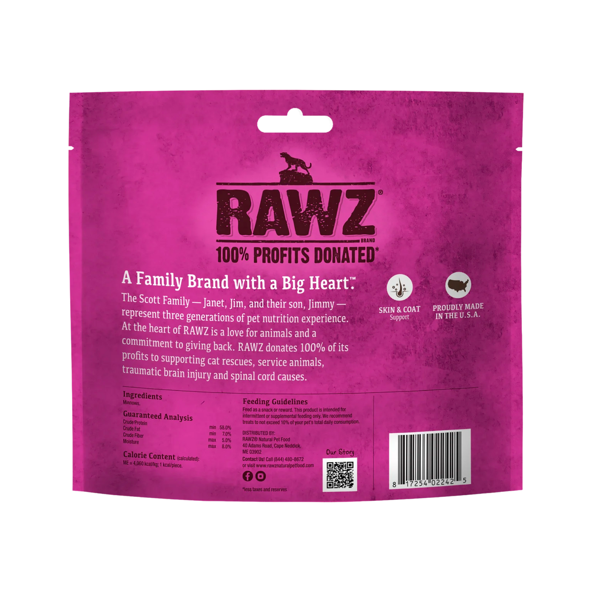 RAWZ Raw Freeze Dried Minnows Cat Treats – 1 oz package, back label with ingredients