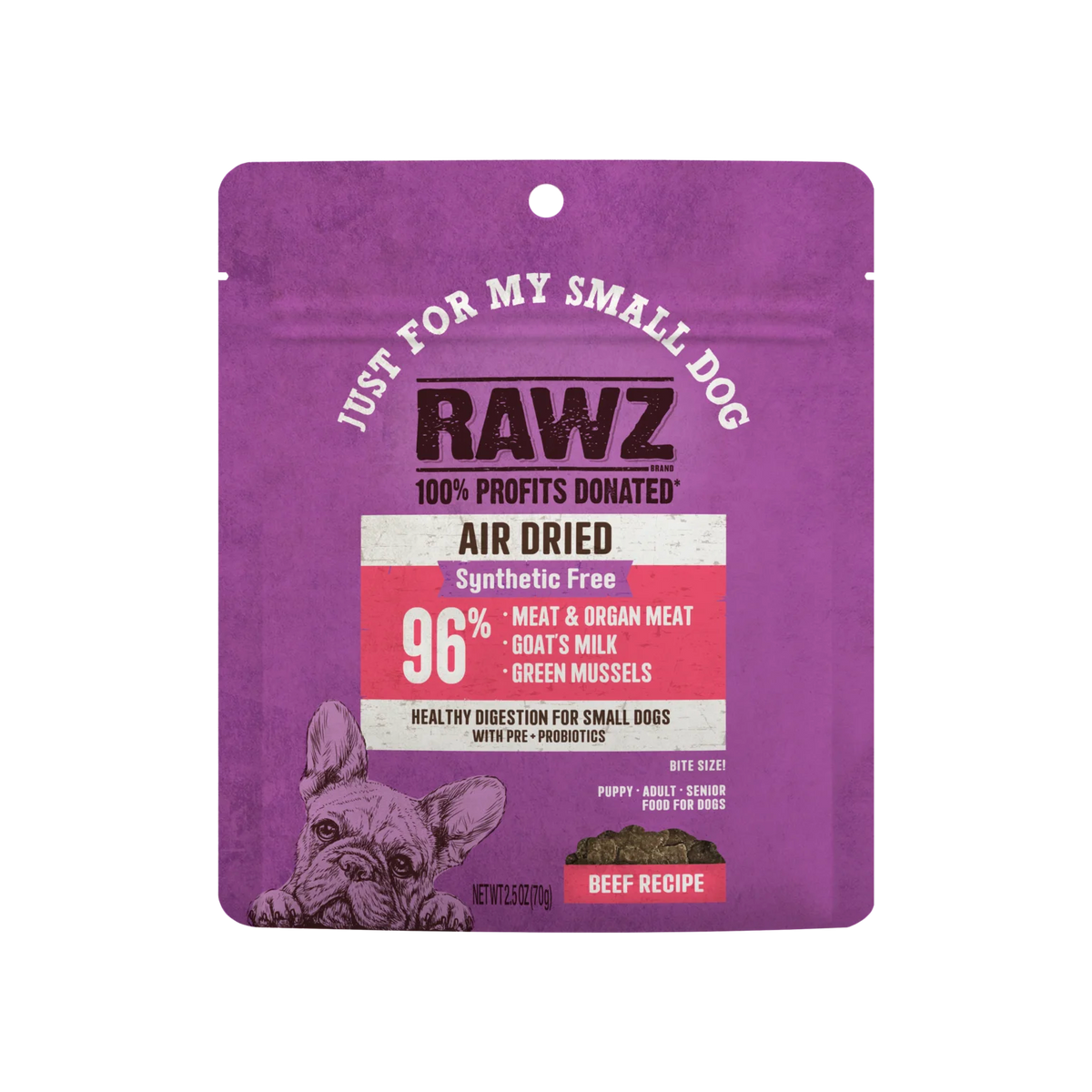 RAWZ Air Dried "Just For My Small Dog" Beef Recipe – 2.5 oz package, front