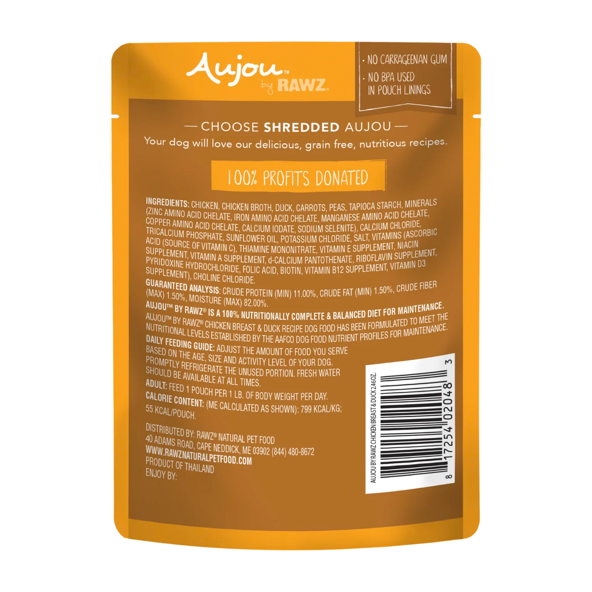 RAWZ Aujou Chicken Breast & Duck Dog Food Recipe – pouch, back label with ingredients