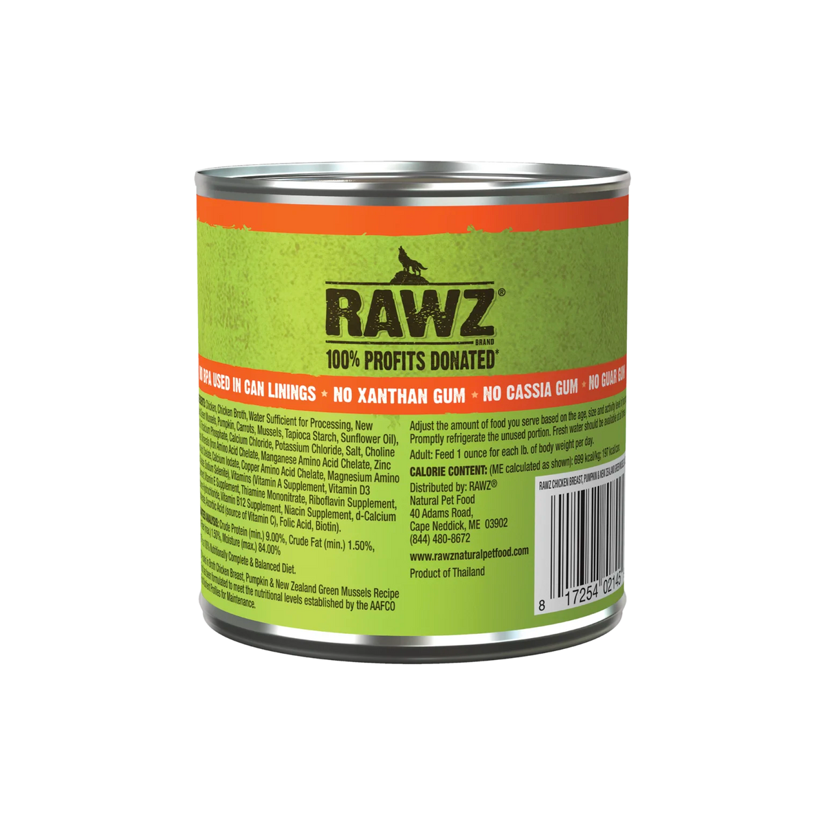 RAWZ Hunks In Broth Chicken Breast, Pumpkin & New Zealand Green Mussels Dog Food Recipe – 10 oz package, back label with ingredients
