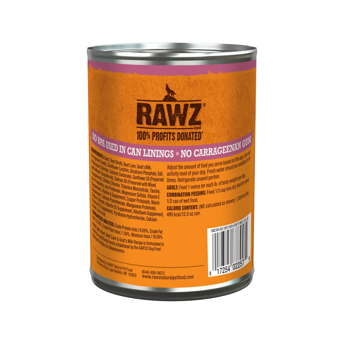 RAWZ 96% Beef & Beef Liver With Goat's Milk Dog Food – 12.5 oz package, back label with ingredients