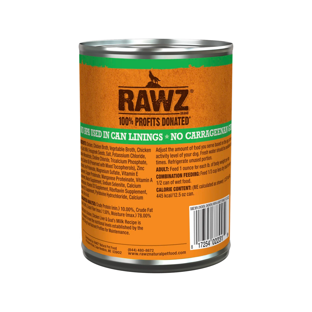 RAWZ 96% Chicken & Chicken Liver With Goat's Milk Dog Food – 12.5 oz package, back label with ingredients