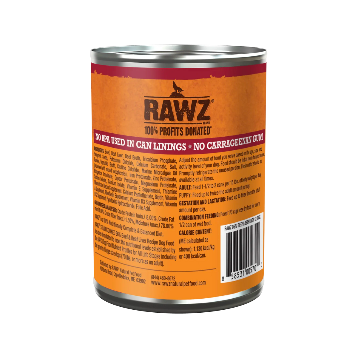 RAWZ 96% Beef & Beef Liver Dog Food – 12.5 oz package, back label with ingredients