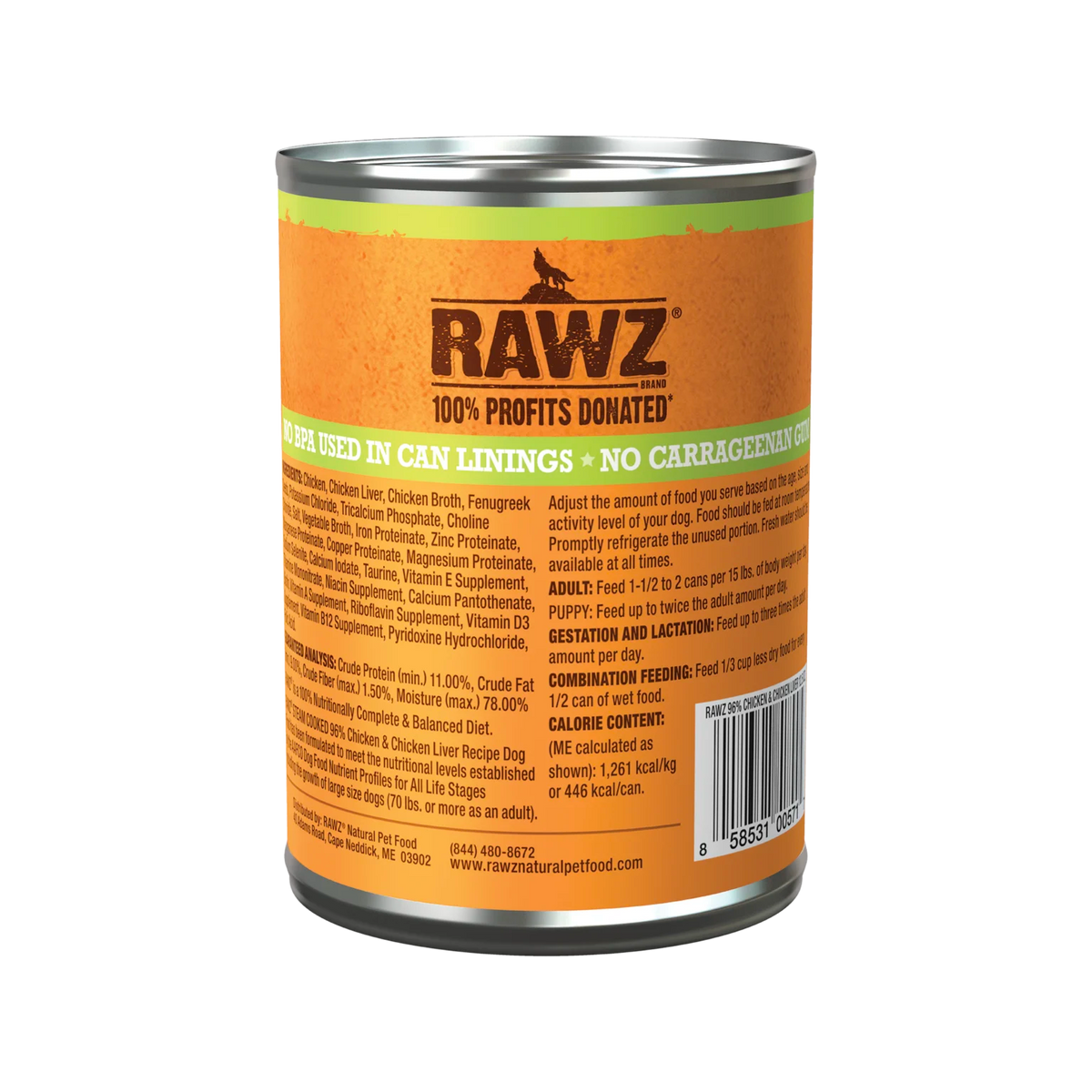 RAWZ 96% Chicken & Chicken Liver Dog Food – 12.5 oz package, back label with ingredients