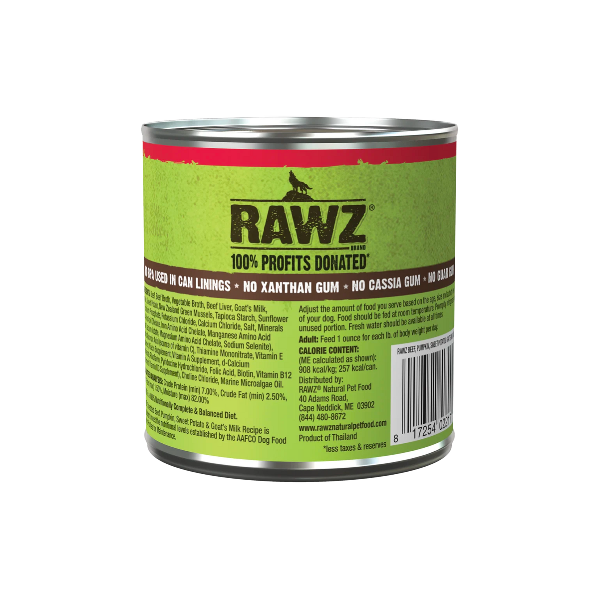 RAWZ Shredded Beef, Pumpkin, Sweet Potato & Goat's Milk Dog Food – 10 oz package, back label with ingredients