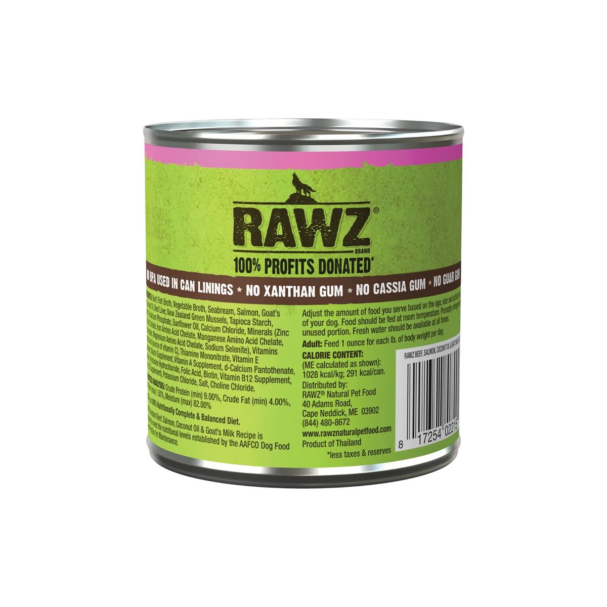 RAWZ Shredded Beef, Salmon & Coconut Oil Dog Food – 10 oz package, back label with ingredients