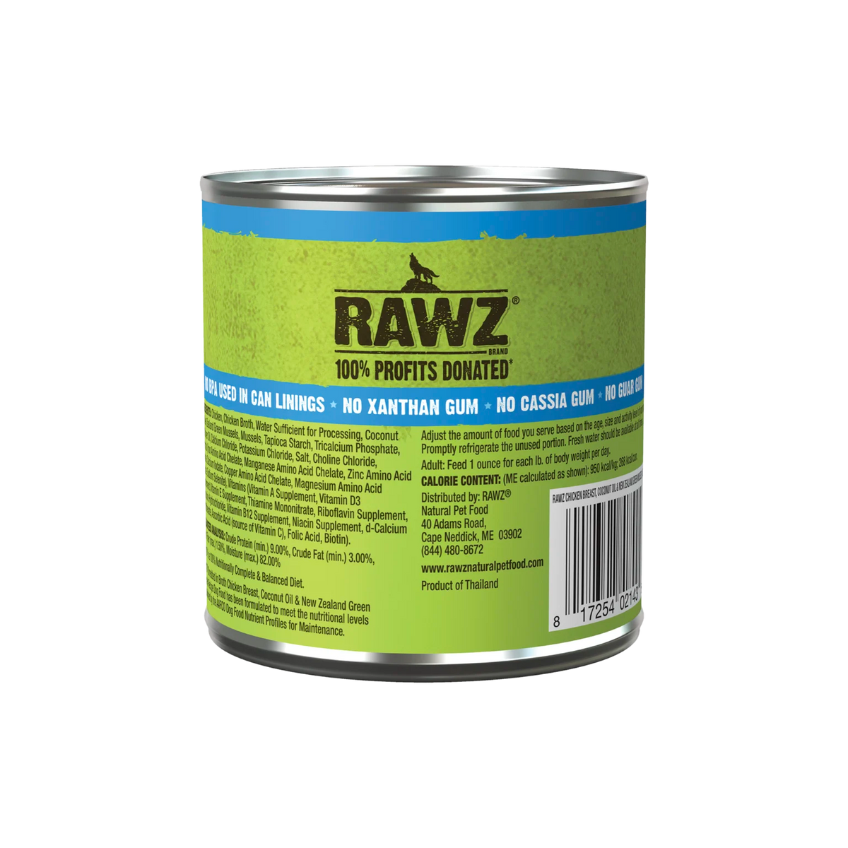 RAWZ Shredded Chicken Breast, Coconut Oil & New Zealand Green Mussels Dog Food – 10 oz package, back label with ingredients