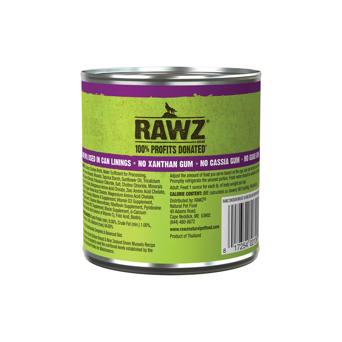 RAWZ Shredded Chicken Breast & New Zealand Green Mussels Dog Food Recipe – 10 oz package, back label with ingredients