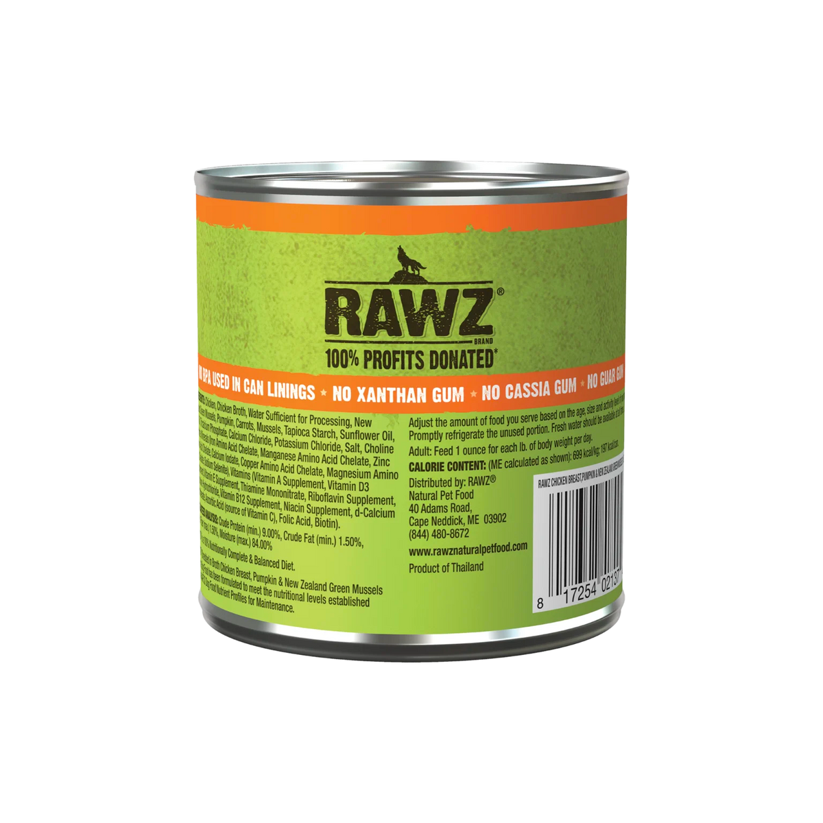 RAWZ Shredded Chicken Breast, Pumpkin & New Zealand Green Mussels Dog Food Recipe – 10 oz package, back label with ingredients