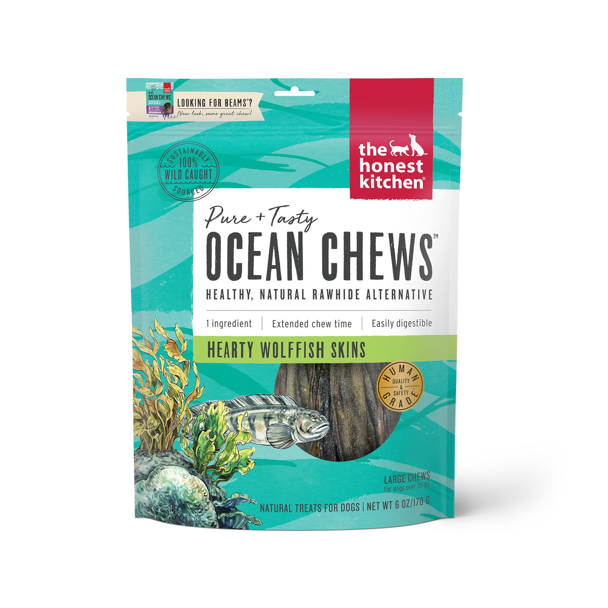 The Honest Kitchen Ocean Chews Hearty Wolffish Skins Beams Dog Treats