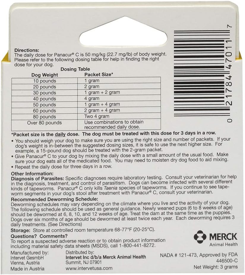 Panacur C Canine Dewormer (Fenbendazole), 1 Gram, 3 Count (Pack of 1)