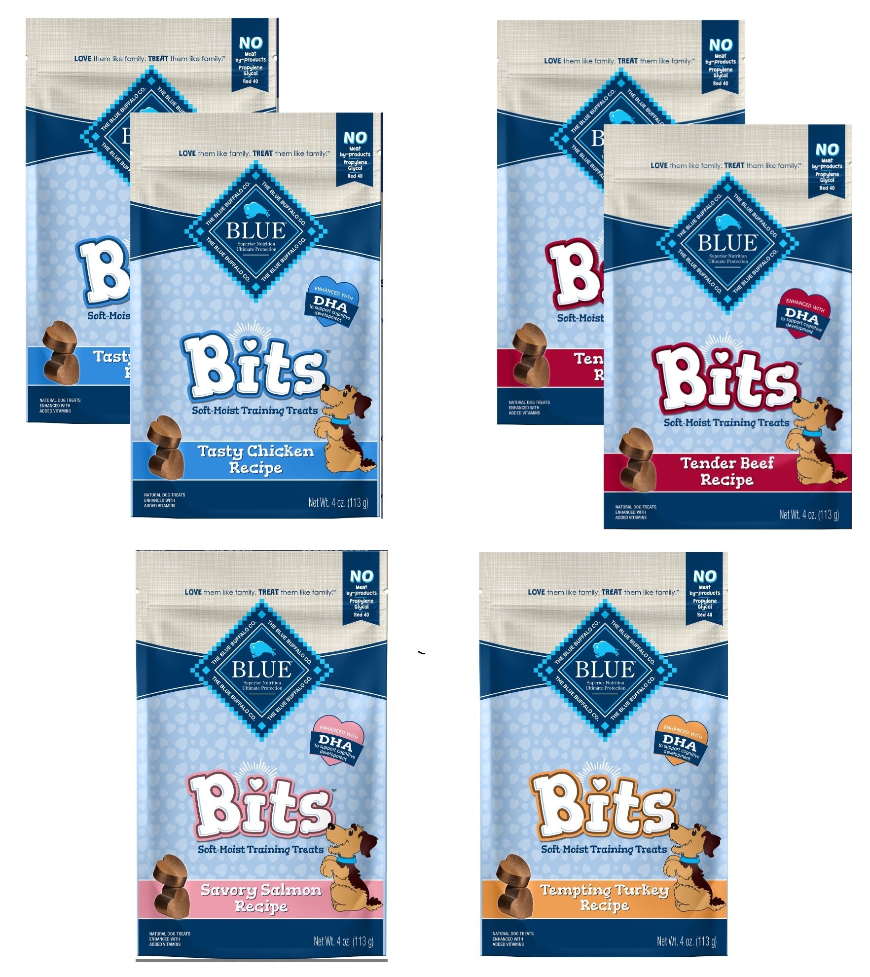 (6 Pack ) Blue Buffalo Blue Bits Treats Dog Pouches, 4 flovors ( 2 Tasty Chicken, 2 Tender Beef ,1 Savory Salmon, 1 Tempting Turkey), 4 Oz…