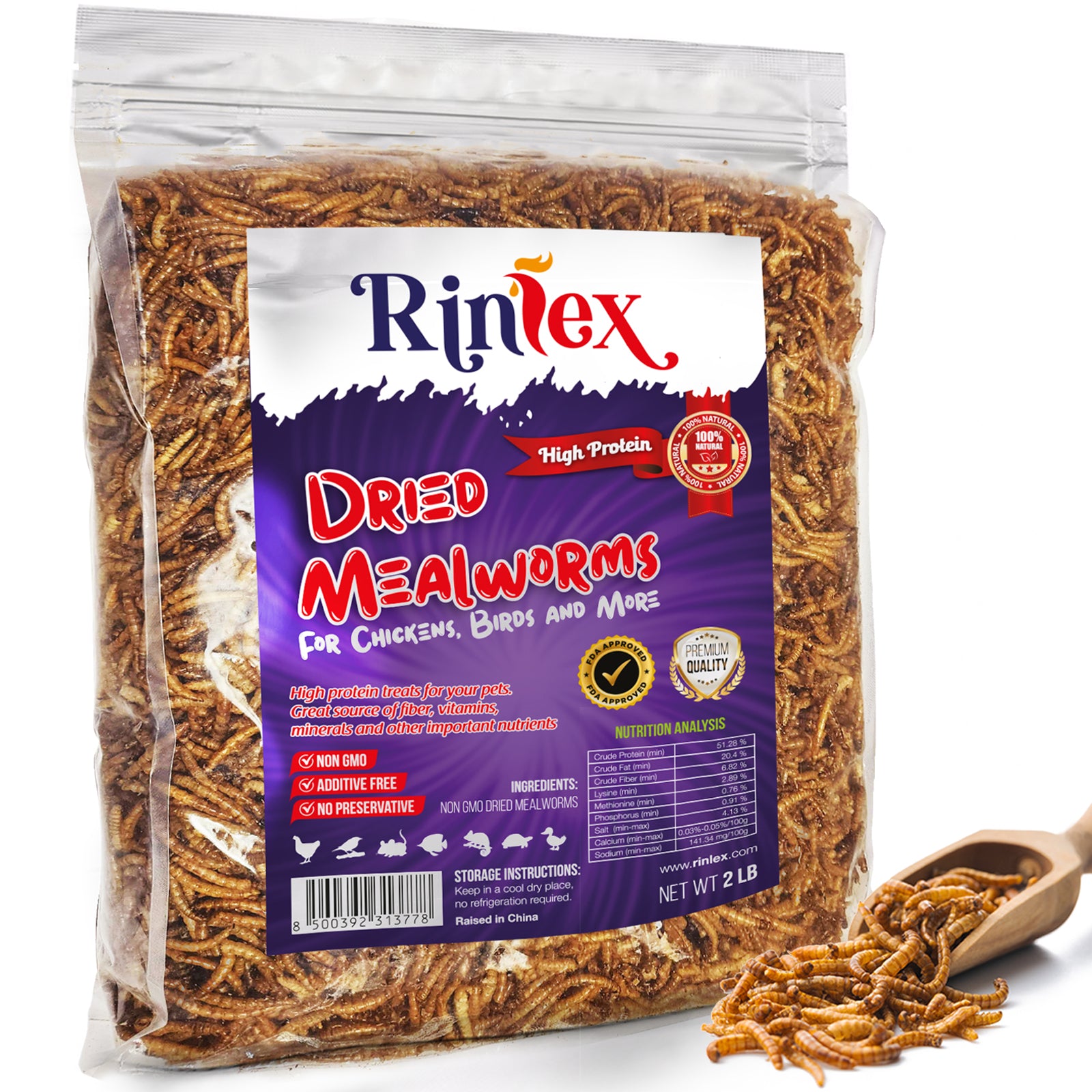 Rinlex Non-GMO Dried Mealworms-High-Protein Mealworms for Wild Bird,Chicken, Ducks,Fish,Reptile, Tortoise, Amphibian,Lizard 2 lb