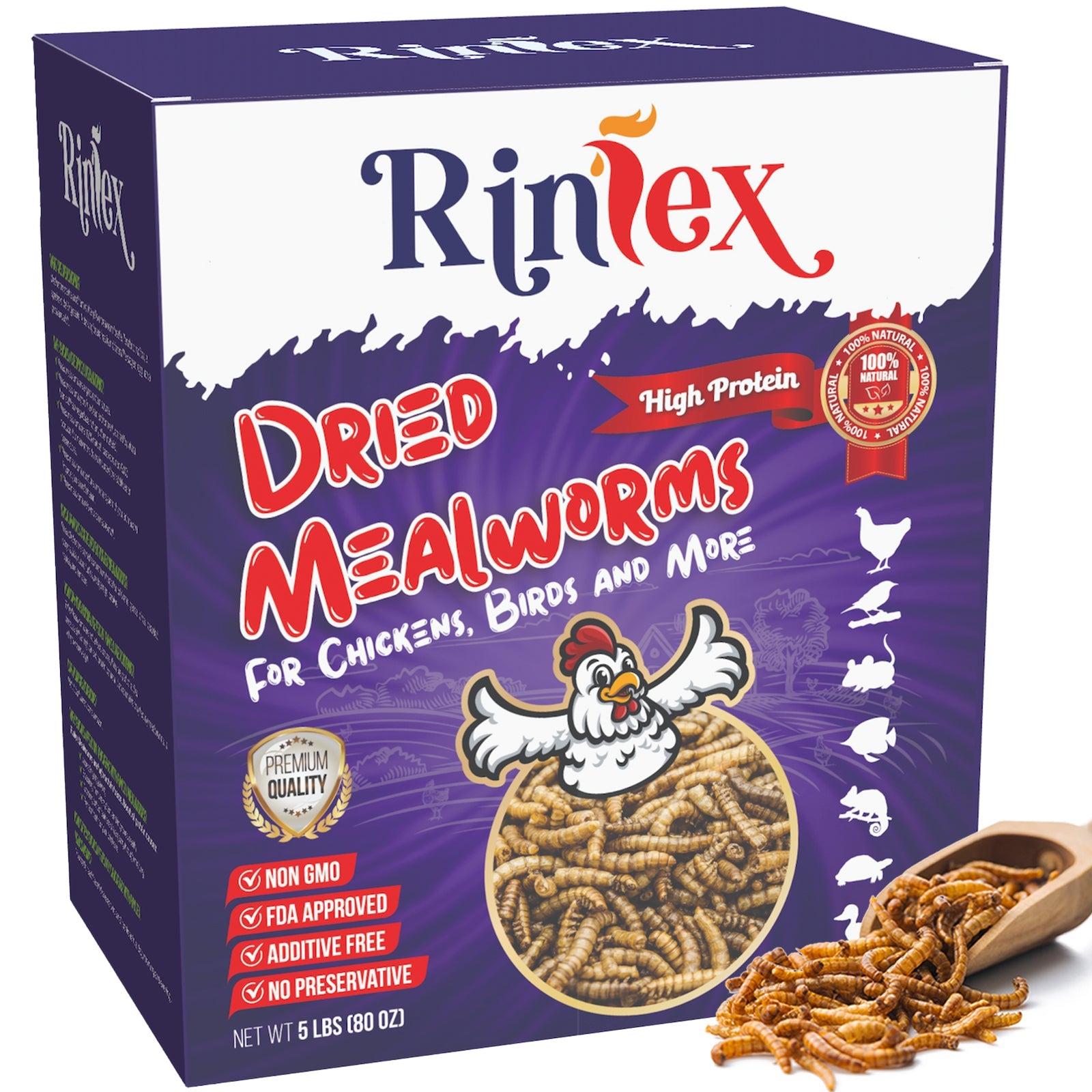Rinlex Non-GMO Dried Mealworms-High-Protein Mealworms for Wild Bird,Chicken, Ducks,Fish,Reptile, Tortoise, Amphibian,Lizard 10 lb