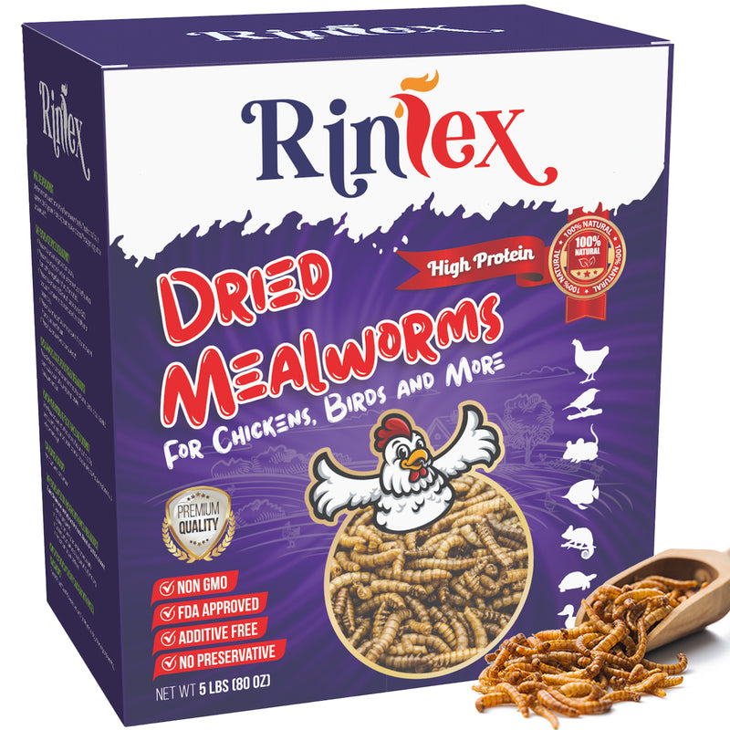 Rinlex Non-GMO Dried Mealworms-High-Protein Mealworms for Wild Bird,Chicken, Ducks,Fish,Reptile, Tortoise, Amphibian,Lizard 5 lb