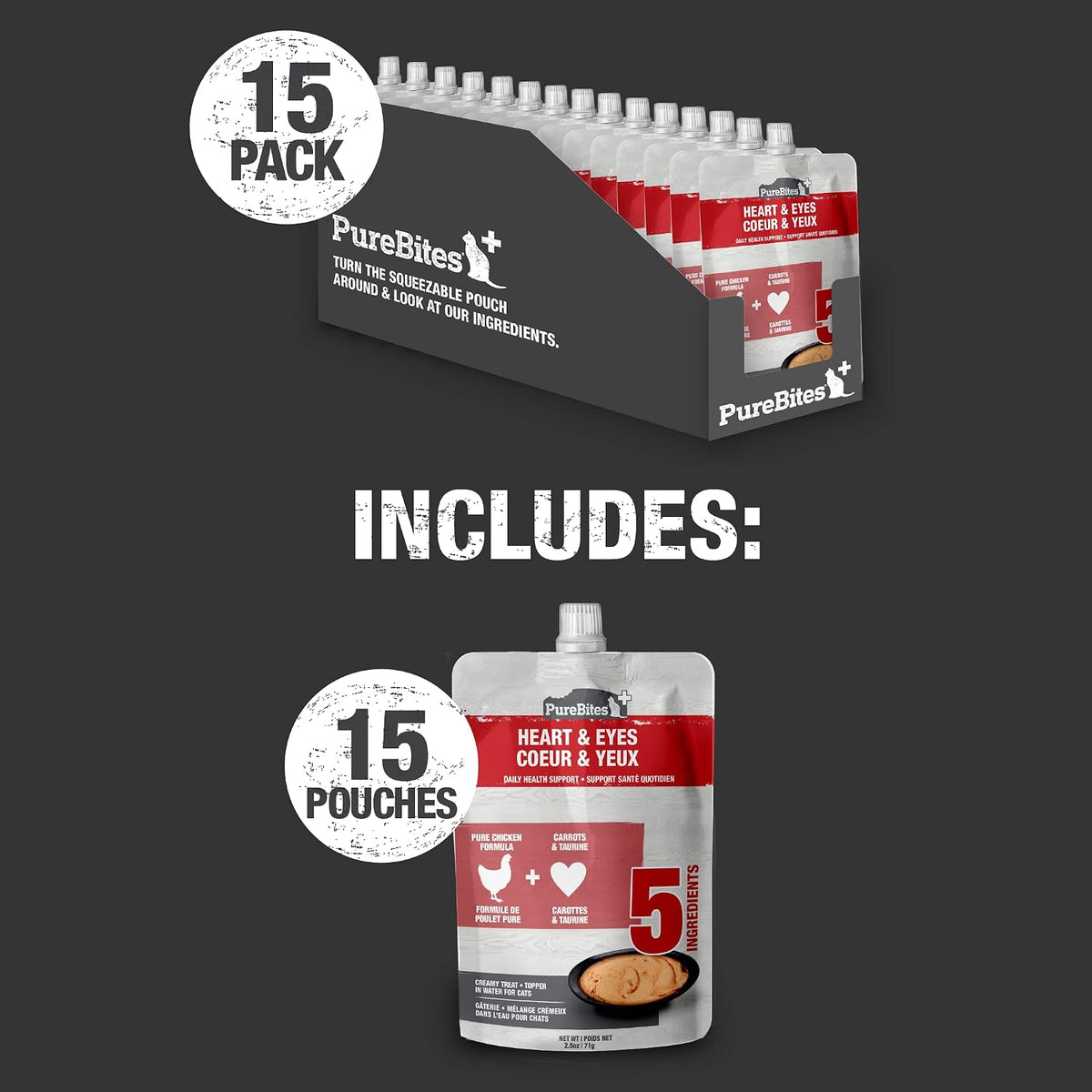 PureBites Plus Heart & Eyes Squeezable Cat Treats, 2.5 oz, Case of 15