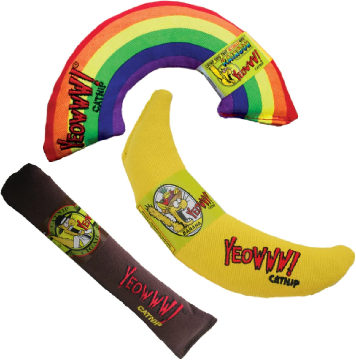 Yeowww! Organic Catnip Toy Variety Pack: Cigar, Banana & Rainbow