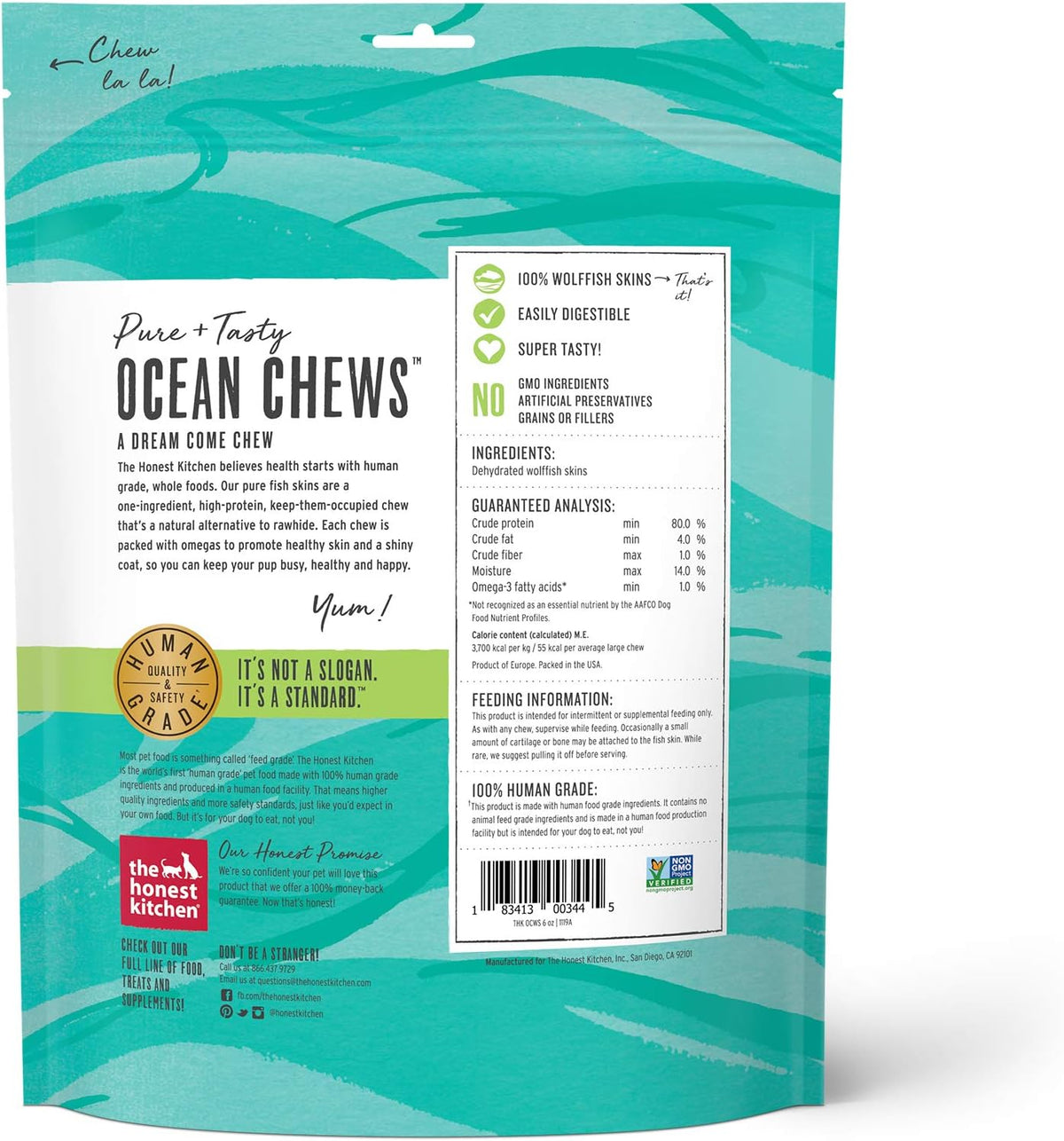 The Honest Kitchen Ocean Chews Wolffish Skins Dog Treats, 6 oz