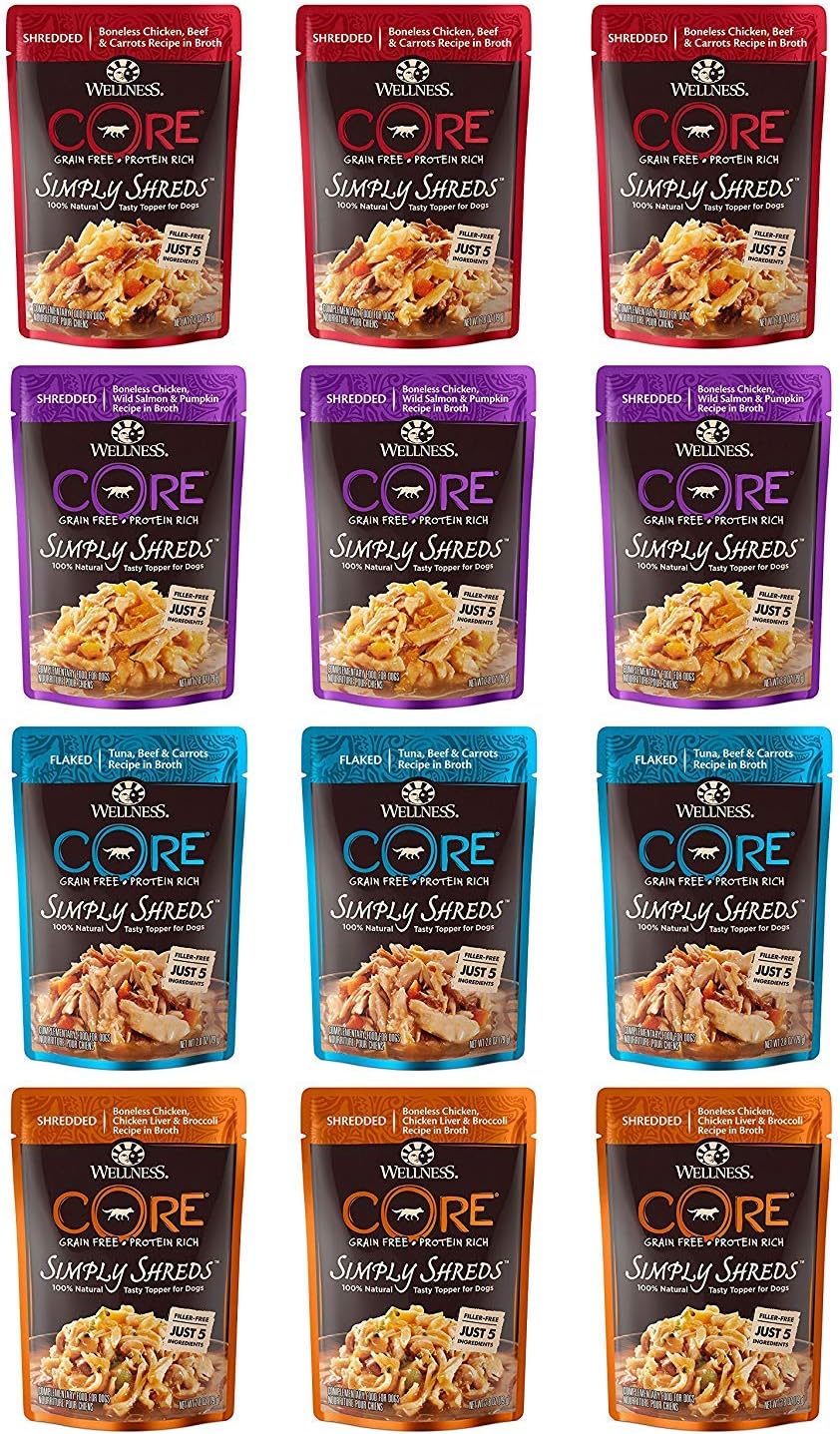 Wellness CORE Simply Shreds Wet Dog Food Topper Variety, 12 x 2.8 oz