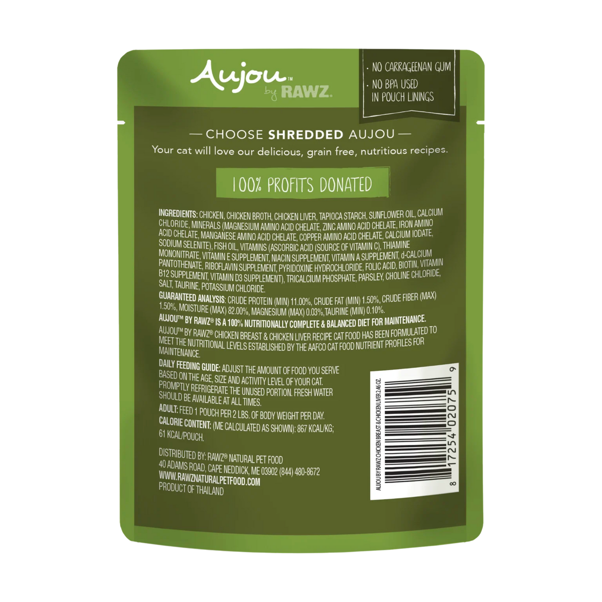 RAWZ Aujou Chicken Breast & Chicken Liver Recipe Cat Food – pouch, back label with ingredients