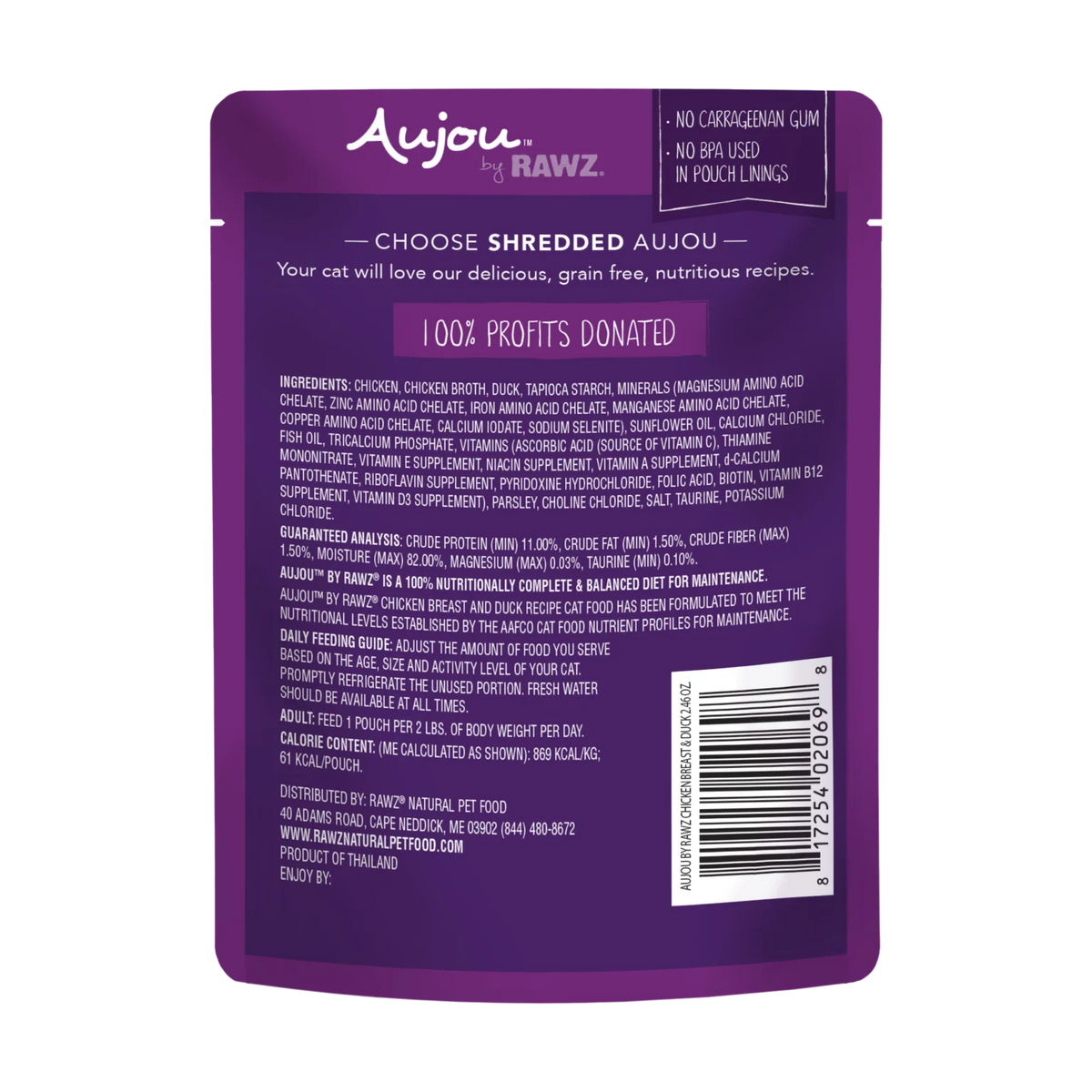 RAWZ Aujou Chicken Breast & Duck Recipe Cat Food – pouch, back label with ingredients