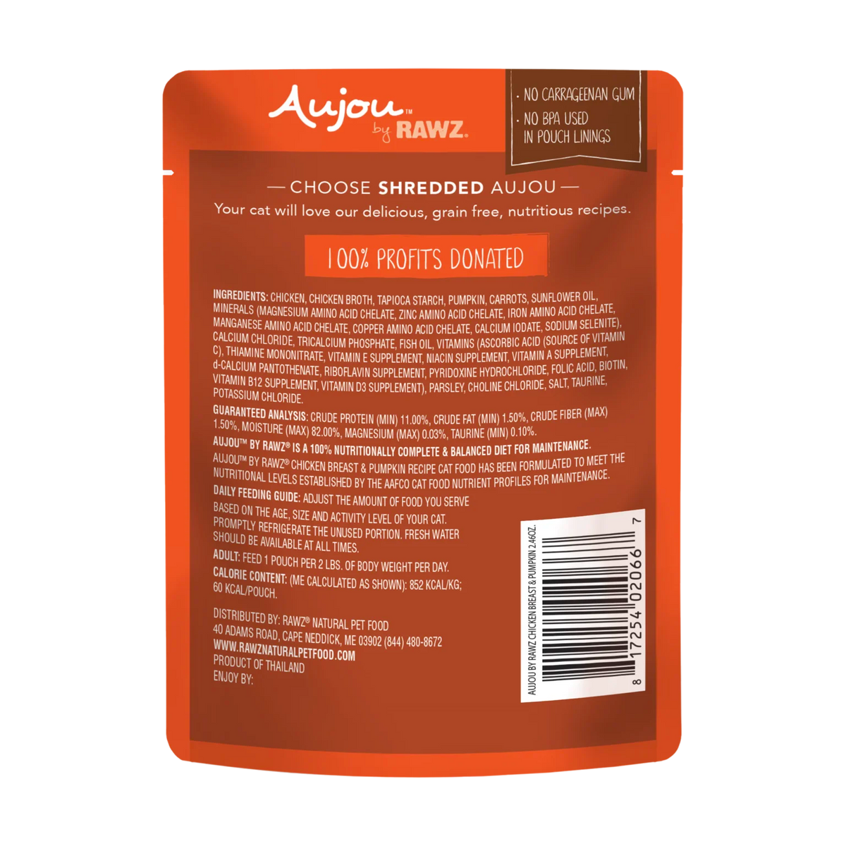 RAWZ Aujou Chicken Breast & Pumpkin Recipe Cat Food – pouch, back label with ingredients