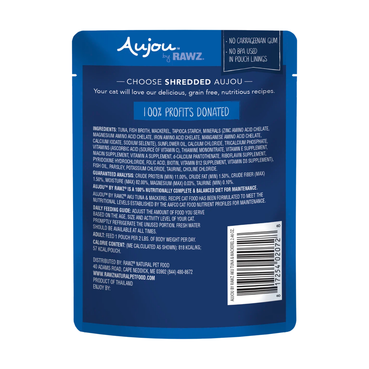RAWZ Aujou Aku Tuna & Mackerel Recipe Cat Food – pouch, back label with ingredients