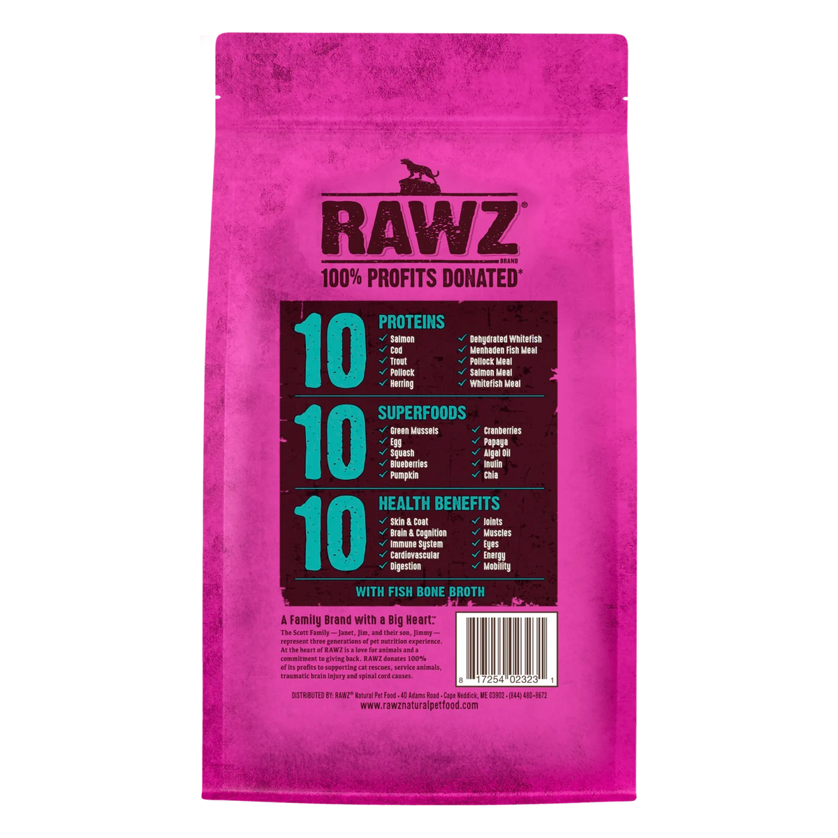 RAWZ 10+ Essentials Fish & Dehydrated Fish Cat Food Recipe – 1.75 lb package, back label with ingredients