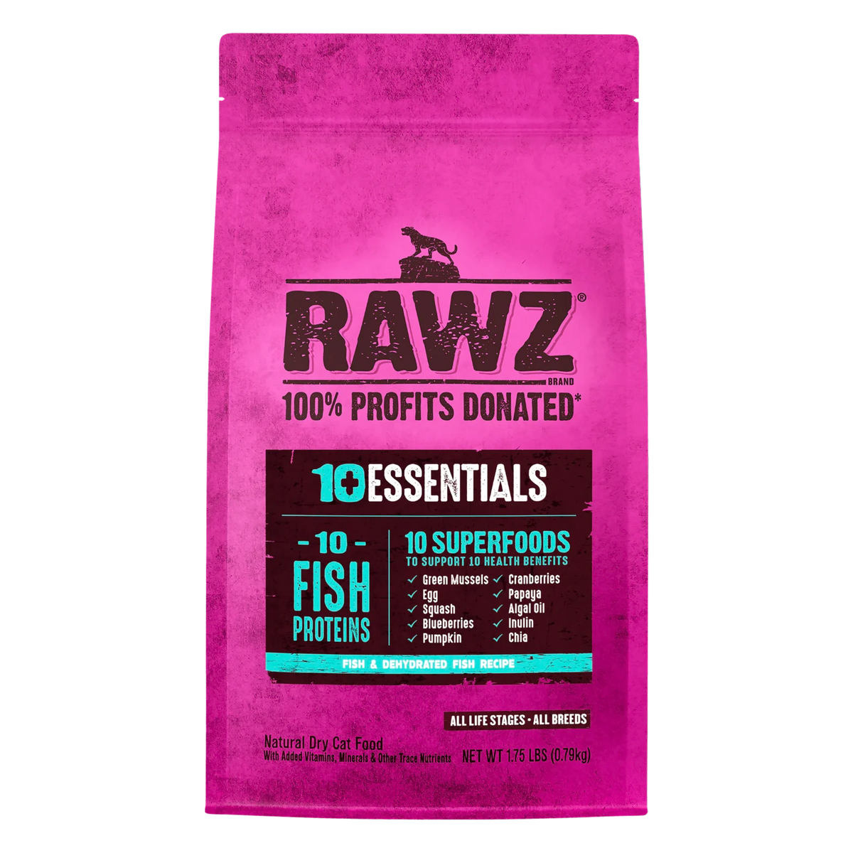 RAWZ 10+ Essentials Fish & Dehydrated Fish Cat Food Recipe – 1.75 lb package, front