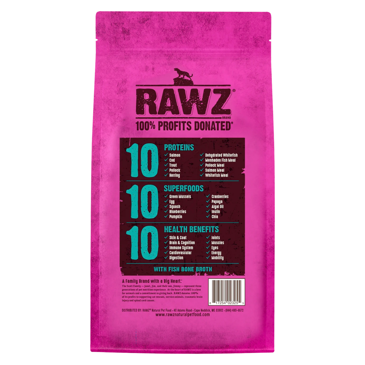 RAWZ 10+ Essentials Fish & Dehydrated Fish Cat Food Recipe – 3.5 lb package, back label with ingredients