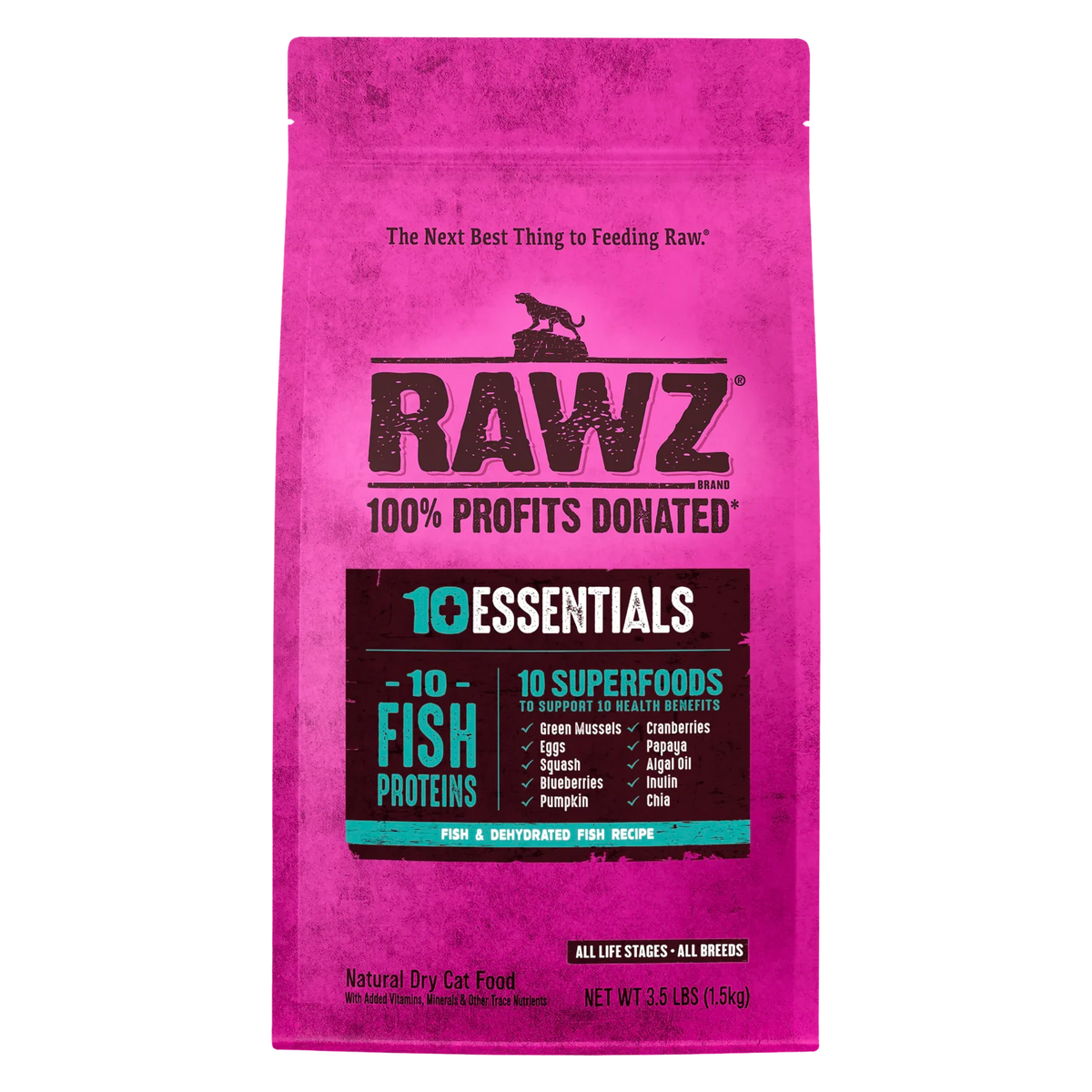 RAWZ 10+ Essentials Fish & Dehydrated Fish Cat Food Recipe – 3.5 lb package, front