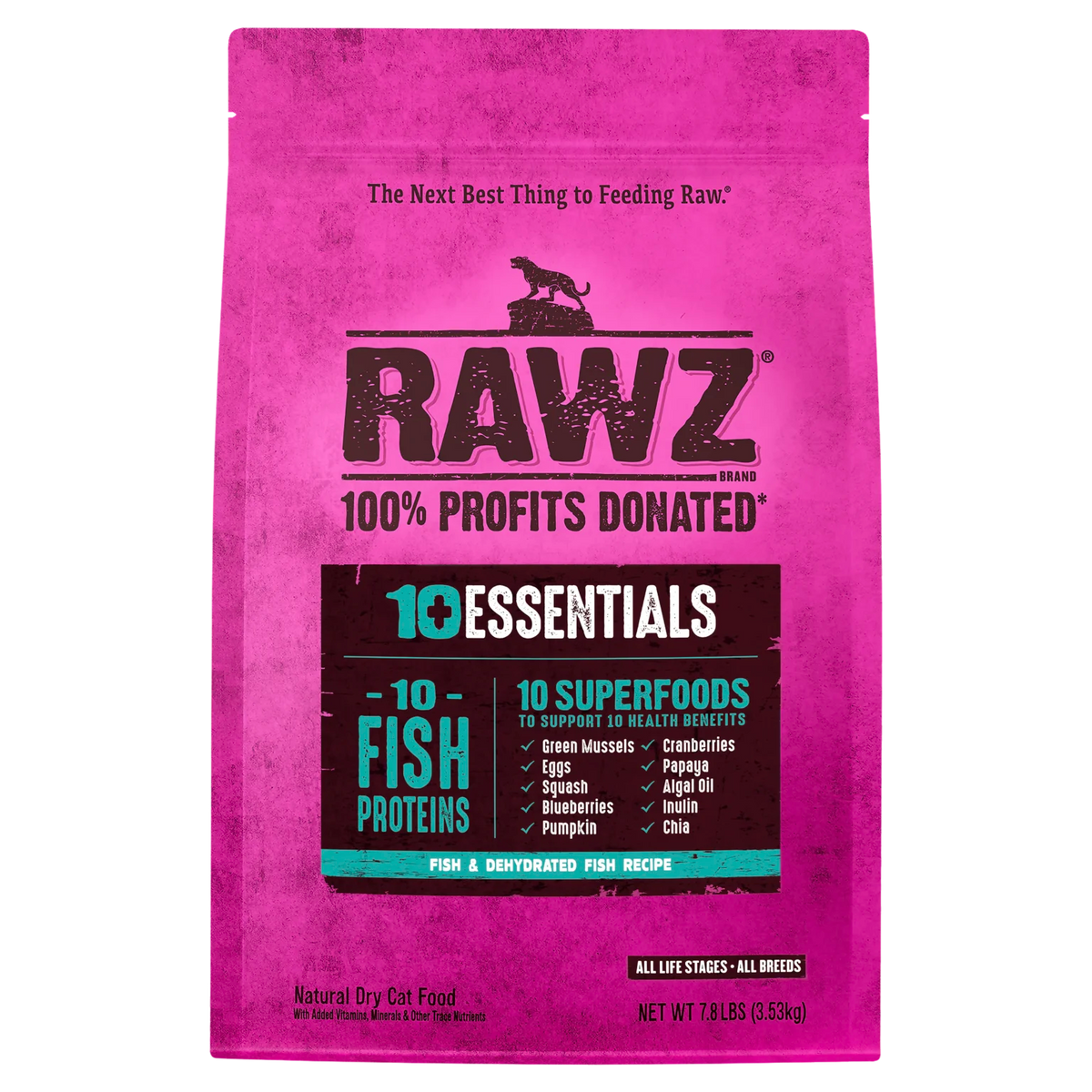 RAWZ 10+ Essentials Fish & Dehydrated Fish Cat Food Recipe – 7.8 lb package, front