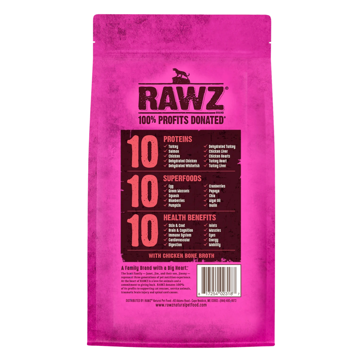 RAWZ 10+ Essentials Turkey, Salmon & Dehydrated Whitefish Cat Food Recipe – 1.75 lb package, back label with ingredients