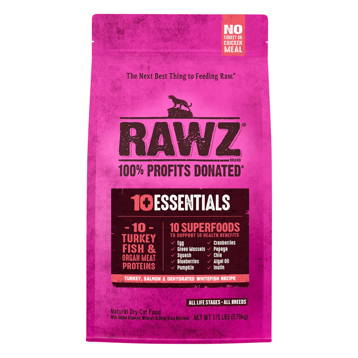 RAWZ 10+ Essentials Turkey, Salmon & Dehydrated Whitefish Cat Food Recipe – 1.75 lb package, front