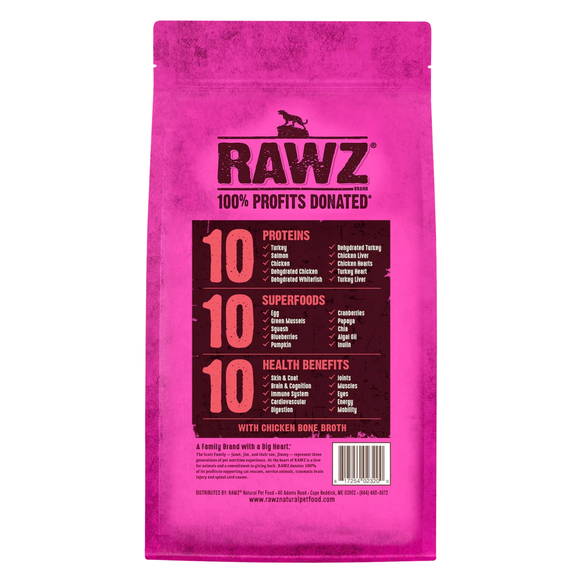 RAWZ 10+ Essentials Turkey, Salmon & Dehydrated Whitefish Cat Food Recipe – 3.5 lb package, back label with ingredients