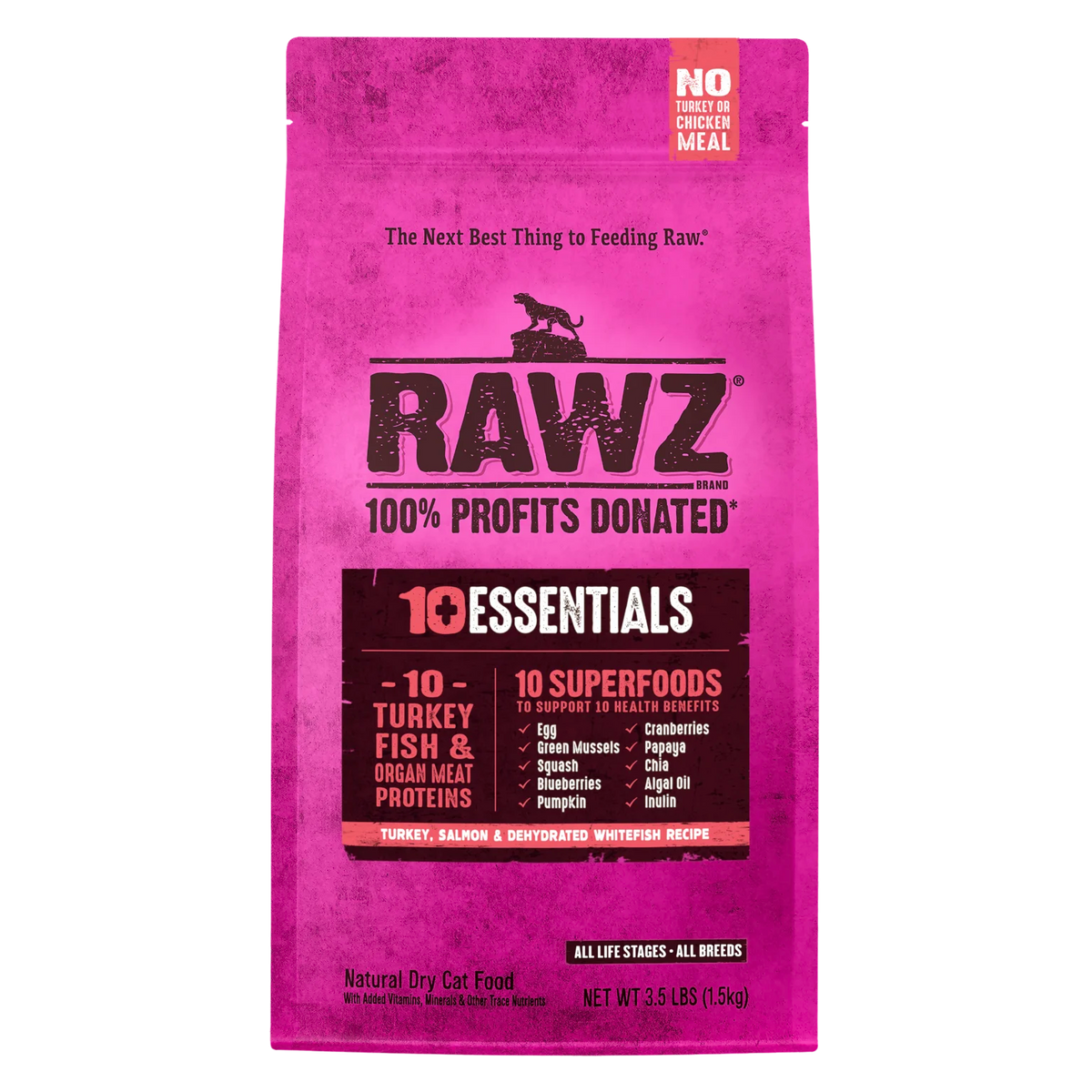 RAWZ 10+ Essentials Turkey, Salmon & Dehydrated Whitefish Cat Food Recipe – 3.5 lb package, front