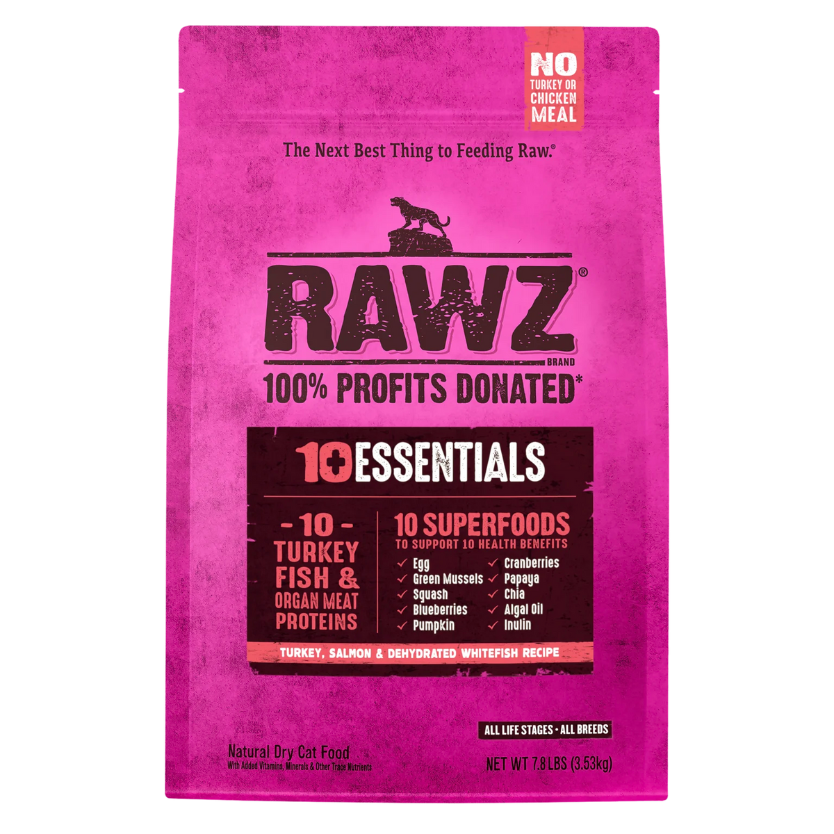 RAWZ 10+ Essentials Turkey, Salmon & Dehydrated Whitefish Cat Food Recipe – 7.8 lb package, front