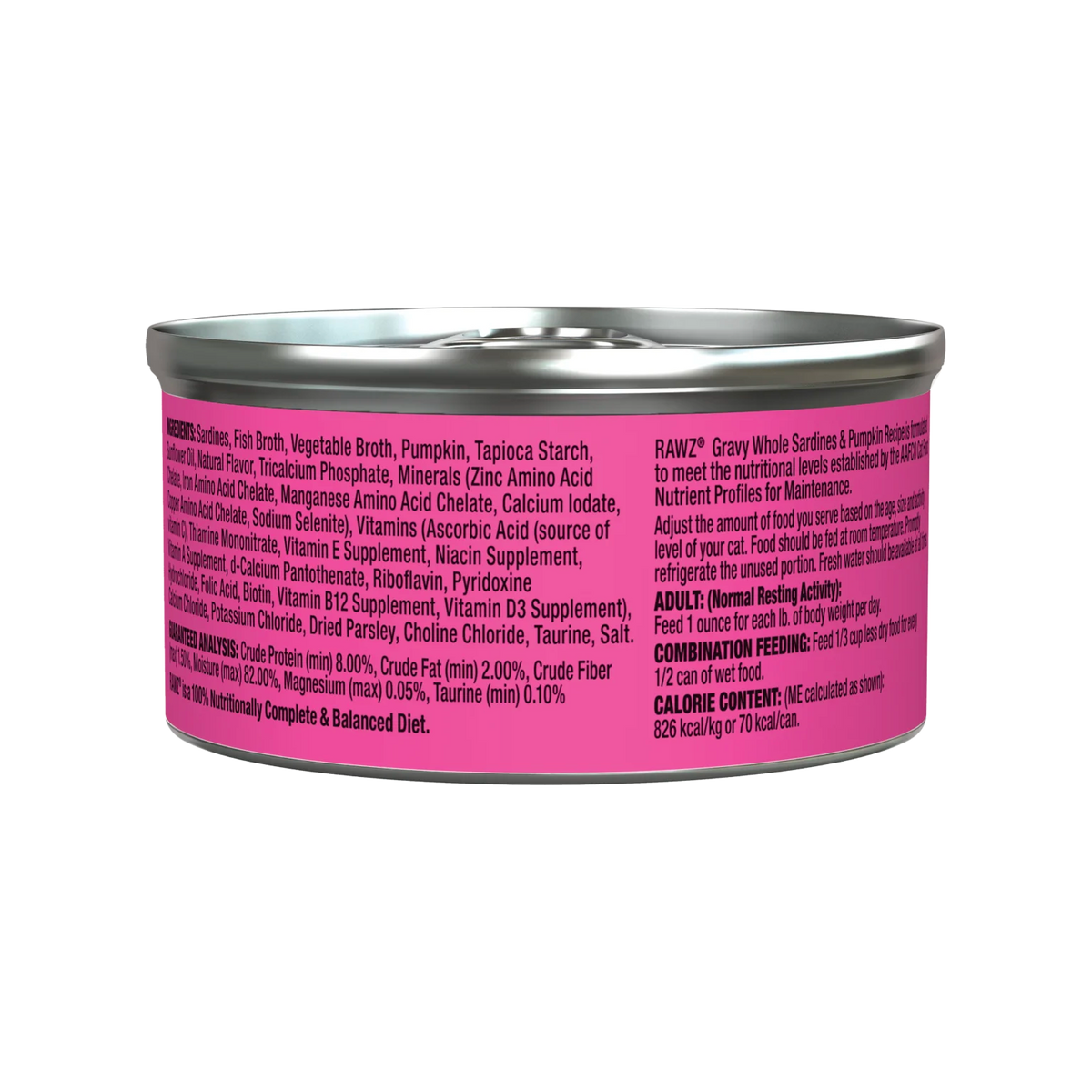 RAWZ Gravy Whole Sardines & Pumpkin Cat Food – 3 oz package, back label with ingredients
