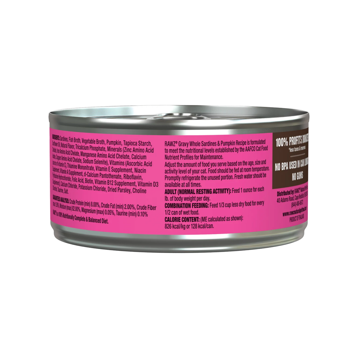 RAWZ Gravy Whole Sardines & Pumpkin Cat Food – 5.5 oz package, back label with ingredients
